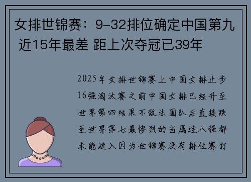 女排世锦赛：9-32排位确定中国第九 近15年最差 距上次夺冠已39年